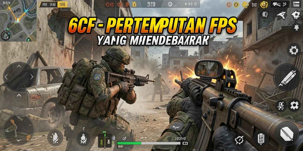 Screenshot utama 6CF menampilkan aksi tembak-menembak yang seru di arena pertempuran.
