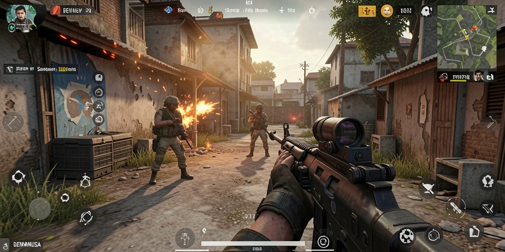 Screenshot gameplay DEWANUSA menampilkan pertempuran FPS yang mendebarkan.
