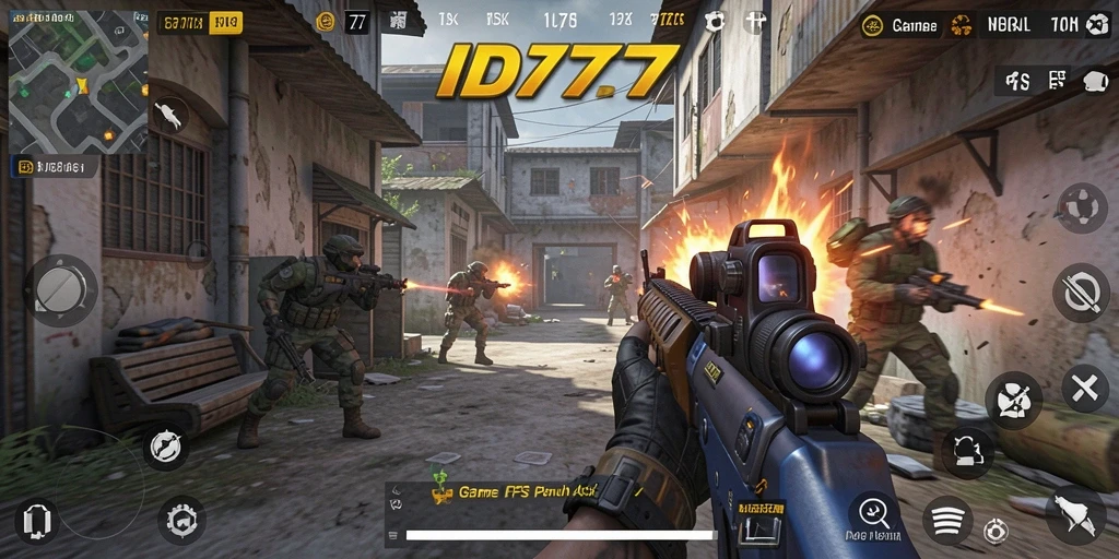 Screenshot utama ID777 menampilkan aksi intens dalam gameplay FPS.