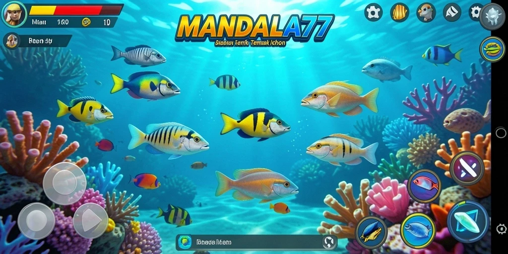 Tampilan gameplay menembak ikan di MANDALA77 yang seru dan memukau.