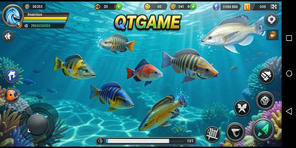 Tampilan gameplay seru dalam QTGAME dengan aksi tembak ikan yang cepat.