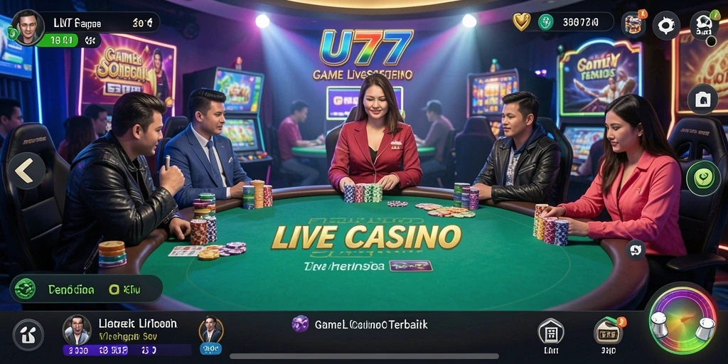Tangkapan layar UT77 menampilkan dealer live dan meja permainan yang menarik.